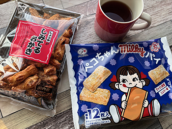 しみてるおかき、ペコちゃんmilkyパイ