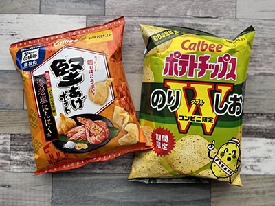 堅あげポテト 海老塩にんにく味・カルビーポテトチップス のりしおW コンビニ限定